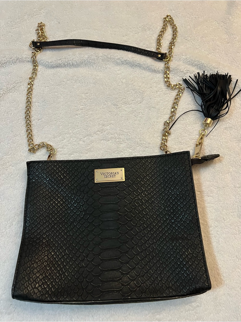 Victoria's Secret Black Snake-Embossed Crossbody with Gold Chain and Tassel